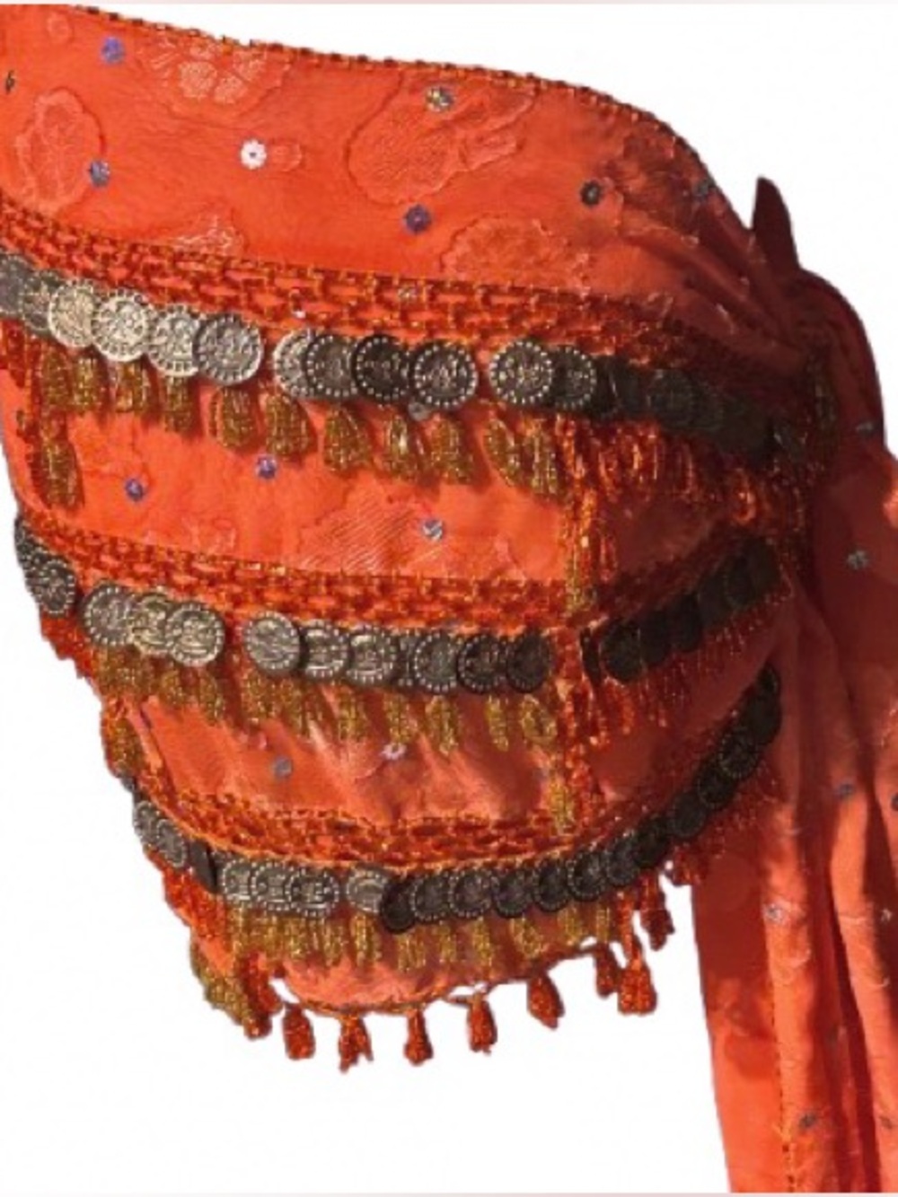 Vintage Belly Dancing Scarf Beaded Coins Floral Orange Red Fringe Shawl - Picture 6 of 12